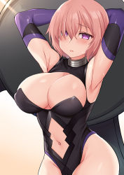 Rule 34 | 1girl, armpits, arms behind head, bare shoulders, black leotard, blush, breasts, center opening, cleavage, cleavage cutout, clothing cutout, commentary, cowboy shot, elbow gloves, fate/grand order, fate (series), gloves, groin, hair between eyes, hair over one eye, highres, holding, holding shield, large breasts, leotard, light rays, looking at viewer, mahou io, mash kyrielight, navel, navel cutout, parted lips, purple eyes, purple gloves, purple hair, shield, short hair, sidelocks, simple background, solo, standing, sweat, white background