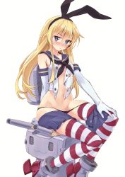 Rule 34 | 1girl, absurdres, black panties, blonde hair, blue eyes, blush, closed mouth, elbow gloves, gloves, highleg, highleg panties, highres, kantai collection, looking at viewer, microskirt, navel, panties, rensouhou-chan, sailor collar, scan, shimakaze (kancolle), simple background, sitting, skirt, sleeveless, solo, stomach, striped clothes, striped thighhighs, thighhighs, underwear, white background, white gloves, yahako