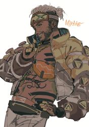 Rule 34 | 1boy, absurdres, apex legends, beard, black eyes, brown hair, character name, cheek piercing, dark-skinned male, dark skin, facial hair, fanny pack, finger to mouth, goggles, goggles on head, grey pants, groin, hair behind ear, hair bun, highres, jacket, lit witt mirage, looking down, male focus, mao ke, mirage (apex legends), navel, official alternate costume, pants, parted lips, shushing, single hair bun, smile, solo, v-shaped eyebrows, white background, yellow jacket