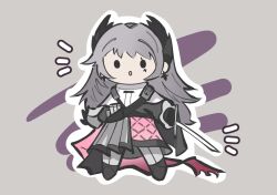 Rule 34 | 1girl, :o, arknights, black dress, black footwear, black gloves, chibi, chibi only, dress, earrings, gloves, grey hair, head wings, holding, holding sword, holding weapon, irene (arknights), jewelry, long hair, long sleeves, looking at viewer, multicolored clothes, multicolored dress, notice lines, open mouth, pantyhose, pink dress, pink ribbon, ribbon, scar, scar across eye, solid oval eyes, solo, sword, weapon, white dress, white pantyhose, wings, yosua 0669