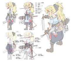 Rule 34 | 1girl, absurdres, black bow, blonde hair, blood, blood on face, blood on clothes, boots, bow, bow (weapon), character sheet, cleaver, clothes around waist, crossbow, dress, female focus, flat color, gun, hair bow, hammer, highres, holding, holding sword, holding weapon, jacket, jacket around waist, long hair, masikakuma, mouth hold, original, ponytail, profile, simple background, slit pupils, solo, standing, sword, weapon, white background
