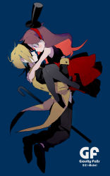 Rule 34 | 1boy, 1girl, arms around neck, bill cipher, black footwear, black gloves, black hat, black pantyhose, black shirt, blonde hair, blue background, blush, brown hair, cane, carrying, character name, closed mouth, copyright name, eye contact, face-to-face, formal, from side, full body, gloves, gomoku418, gravity falls, hairband, hat, hetero, highres, long hair, long sleeves, looking at another, mabel pines, pants, pantyhose, personification, red eyes, red skirt, shirt, shoes, short hair, simple background, skirt, sleeveless, smile, suit, tailcoat, top hat