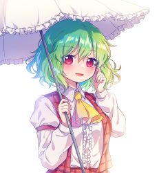 Rule 34 | 1girl, bloom, blush, frills, green hair, hair between eyes, hand up, highres, holding, holding umbrella, kaoling, kazami yuuka, light smile, looking at viewer, open mouth, plaid, plaid vest, red eyes, simple background, solo, touhou, umbrella, upper body, vest, white background