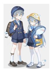 Rule 34 | &gt; &lt;, 1boy, 1girl, :d, aged down, backpack, bag, bag charm, black footwear, blue bow, blue bowtie, blue hair, blue headwear, blue jacket, blue ribbon, blue shirt, blue shorts, blush, border, bow, bowtie, brown bag, buttons, charm (object), closed eyes, closed mouth, collared shirt, commentary, double-breasted, earrings, english commentary, expressionless, eyelashes, full body, genderswap, genderswap (mtf), glasses, gold earrings, gradient hair, grey background, grey hair, hair between eyes, hair ornament, hair ribbon, hairclip, hand up, hat, highres, holding, holding stuffed toy, ike eveland, ikea shark, ivy eveland, jacket, jewelry, kneehighs, lapels, loafers, long hair, long sleeves, looking at viewer, miniskirt, multicolored hair, nijisanji, nijisanji en, octagonal eyewear, on head, open mouth, plaid, plaid shirt, plaid skirt, pleated skirt, puffy long sleeves, puffy sleeves, quildren (ike eveland), randoseru, ribbon, round eyewear, school uniform, semi-rimless eyewear, shadow, shirt, shoes, short hair, short shorts, shorts, shoulder bag, sidelocks, simple background, skirt, smile, socks, standing, stuffed animal, stuffed shark, stuffed toy, twintails, under-rim eyewear, virtual youtuber, white border, white footwear, white shirt, white socks, yee (yee45913139), yellow bag, yellow eyes, yellow headwear