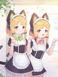 Rule 34 | 2girls, absurdres, animal ear headphones, animal ears, apron, asymmetrical bangs, bell, black dress, blonde hair, blue archive, blush, bow, bowtie, breasts, cat ear headphones, dress, fake animal ears, fake tail, fang, frilled cuffs, green bow, green bowtie, green eyes, green halo, hair bow, halo, hands up, headphones, highres, jingle bell, kattowu, looking at viewer, low-tied sidelocks, maid, maid apron, maid headdress, midori (blue archive), midori (maid) (blue archive), momoi (blue archive), momoi (maid) (blue archive), multiple girls, neck bell, official alternate costume, open mouth, paw pose, pink bow, pink bowtie, pink eyes, pink halo, puffy short sleeves, puffy sleeves, short hair, short sleeves, siblings, simple background, sisters, small breasts, smile, tail, twins, white apron