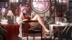 Rule 34 | 1girl, absurdres, alternate costume, animal ear fluff, animal ears, anklet, arknights, barefoot, blush, bonsai, book, bookshelf, breasts, chair, china dress, chinese clothes, cleavage, cleavage cutout, clock, closed mouth, clothing cutout, commentary request, cup, desk lamp, dress, earrings, eyelashes, feather boa, feet, flower, full body, hair between eyes, hair intakes, hairband, highres, holding, holding cup, indoors, jewelry, lamp, lantern, light smile, lin (arknights), ling dianxia, long hair, looking at viewer, medium breasts, mouse ears, navel, navel cutout, on chair, paper lantern, pink hair, plant, potted plant, purple eyes, red dress, red hairband, round window, scroll, shelf, sidelocks, single earring, sitting, sleeveless, sleeveless dress, smile, solo, table, tassel, tassel earrings, thigh strap, toes, tree, vase, window