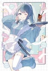 Rule 34 | apron, blue eyes, blue footwear, blue hair, blue leg warmers, blue nails, blush, border, commission, doughnut, drink, drinking straw, figaro (vtuber), fingernails, flower, food, frills, garter straps, hair ornament, hairclip, happy, highres, holding, holding plate, ice, indie virtual youtuber, leg warmers, long hair, long sleeves, looking at viewer, maid, maid headdress, nail polish, one eye closed, plate, ponytail, skeb commission, smile, sparkle, swept bangs, thighhighs, toramaru (toramal9831), virtual youtuber, white apron, white flower, white thighhighs, window, zipper