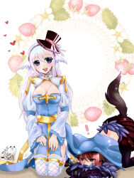 Rule 34 | !, 1boy, 1girl, all fours, animal ears, arch bishop (ragnarok online), black pants, blue dress, blue eyes, blush, breasts, brown cape, cape, cleavage, cleavage cutout, clothing cutout, commentary request, cross, dress, ear wings, fishnet thighhighs, fishnets, food, frilled hat, frills, fruit, full body, hair between eyes, hairband, hat, highres, juliet sleeves, lanmei jiang, long hair, long sleeves, looking at viewer, medium bangs, medium breasts, open mouth, pants, pink hair, pink hairband, puffy sleeves, purple eyes, ragnarok online, sash, seiza, shadow chaser (ragnarok online), short hair, sitting, smile, strawberry, tail, thighhighs, top hat, two-tone dress, waist cape, white dress, white hair, white thighhighs, white wings, wings, wolf boy, wolf ears, wolf tail, wreath, yellow sash