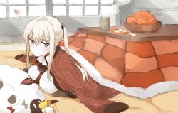 Rule 34 | 10s, 1girl, black gloves, blonde hair, bowl, breasts, capelet, cross, cup, failure penguin, female focus, food, fruit, gloves, graf zeppelin (kancolle), grey eyes, hands in opposite sleeves, hanten (clothes), indoors, iron cross, kantai collection, kotatsu, large breasts, long hair, long sleeves, looking at viewer, lying, mandarin orange, miss cloud, necktie, on floor, on stomach, red necktie, robe, shigino sohuzi, sidelocks, solo, table, twintails, under kotatsu, under table, white background, yunomi