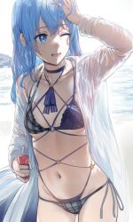 Rule 34 | 1girl, ;d, bikini, black bikini, blue eyes, blue hair, breasts, carton, collarbone, commentary, drinking straw, hand on own head, hews, highres, holding, holding carton, hololive, hoshimachi suisei, juice box, long hair, looking away, looking to the side, medium breasts, medium hair, navel, ocean, one eye closed, open clothes, open mouth, open shirt, see-through, smile, solo, star (symbol), star in eye, swimsuit, symbol in eye, thighs, virtual youtuber, wet, wet clothes
