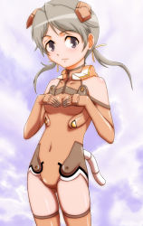 Rule 34 | 00s, 1girl, acid (acid-field), acid (artist), bad id, bad pixiv id, bare shoulders, blush, bodysuit, breasts, cloud, collarbone, covered navel, covering privates, covering breasts, cowboy shot, day, elbow gloves, gloves, grey hair, hair ornament, hair ribbon, halterneck, hands on own chest, headgear, leotard, light smile, looking at viewer, low twintails, orange thighhighs, outdoors, parted bangs, purple eyes, red leotard, ribbon, short hair, short twintails, sky, sky girls, small breasts, smile, solo, sonomiya karen, thighhighs, turtleneck, twintails, zipper