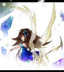 Rule 34 | 1girl, blue dress, closed eyes, deemo, dress, girl (deemo), lestored cro, letterboxed, magnolia (deemo), outstretched hand, smile, wings
