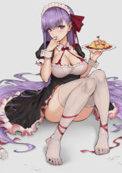 Rule 34 | 1girl, alternate costume, bb (fate), bb (fate/extra), black dress, blush, breasts, dress, enmaided, fate/extra, fate/extra ccc, fate (series), feet, food, food writing, grey background, hair between eyes, hair ribbon, haoni, highres, holding, holding plate, ketchup, knees up, large breasts, long hair, looking at viewer, maid, maid headdress, omelet, omurice, plate, puffy short sleeves, puffy sleeves, purple eyes, purple hair, red ribbon, ribbon, short sleeves, simple background, sitting, solo, thighhighs, thighs, underbust, very long hair, white thighhighs, wrist cuffs