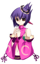 Rule 34 | 00s, 1girl, ar tonelico, ar tonelico ii, detached sleeves, dress, folded ponytail, gust, long sleeves, looking at viewer, luca truelywaath, navel, own hands together, pink dress, purple hair, red eyes, seo tatsuya, short hair, simple background, solo, stomach, white background