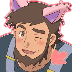 Rule 34 | 1boy, ;d, beard, blush, brown eyes, brown hair, cat day, commentary request, cosplay, creatures (company), facial hair, game freak, gen 3 pokemon, grey background, looking at viewer, male focus, meyer (pokemon), nintendo, one eye closed, open mouth, outline, pokemon, pokemon (anime), pokemon ears, pokemon xy (anime), shigure (ojshigu), shirt, short hair, skitty, skitty (cosplay), smile, solo, suspenders, tongue, upper body, white background