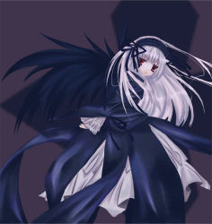 Rule 34 | 00s, 1girl, black dress, black wings, dress, frilled sleeves, frills, hairband, lolita hairband, long hair, long sleeves, looking at viewer, looking back, red eyes, rozen maiden, solo, standing, suigintou, very long hair, wings