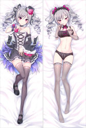 Rule 34 | 10s, 1girl, bakugadou, bare shoulders, bed sheet, bikini, black footwear, black ribbon, black thighhighs, blush, bow, breasts, choker, closed mouth, collarbone, dakimakura (medium), detached sleeves, drill hair, elbow gloves, eyebrows, flower, frilled sleeves, frills, full body, gloves, grabbing own breast, hair bow, hair flower, hair ornament, hair ribbon, hairband, hand on own chest, hand up, hat, idolmaster, idolmaster cinderella girls, kanzaki ranko, knees together feet apart, lolita fashion, long hair, long sleeves, lying, medium breasts, mini hat, minihat, multiple views, navel, no shoes, on back, pink bow, purple gloves, red eyes, ribbon, sample watermark, seductive smile, shoes, silver hair, single sleeve, smile, stomach, swimsuit, thighhighs, tiara, tsurime, twin drills, twintails, watermark, wide sleeves, zettai ryouiki