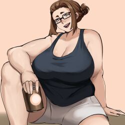 Rule 34 | 1girl, absurdres, breasts, brown eyes, brown hair, can, cleavage, female focus, glasses, highres, huge breasts, kaii to otome to kamikakushi, looking at viewer, matching hair/eyes, mole, mole under eye, ogawa sumireko, plump, puzzled artist (name), short hair, sitting, solo