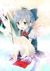 Rule 34 | 1girl, :d, asagi yuna, bad id, bad pixiv id, blue eyes, blue hair, cirno, fang, feet, flag, highres, holding, ice, ice wings, matching hair/eyes, open mouth, short hair, single sock, sitting, smile, socks, soles, solo, toes, touhou, wings