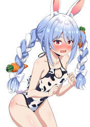 Rule 34 | 1girl, absurdres, animal ear fluff, animal ears, animal print, back cutout, bare shoulders, blue hair, blush, braid, breasts, carrot, carrot hair ornament, cleavage cutout, clothing cutout, cow print, food-themed hair ornament, fuyumi kazuki, hair ornament, halterneck, highleg, highleg swimsuit, highres, hololive, leaning forward, long hair, looking at viewer, multicolored hair, nose blush, one-piece swimsuit, open mouth, orange eyes, rabbit-shaped pupils, rabbit ears, rabbit girl, rabbit tail, short eyebrows, simple background, small breasts, solo, sweat, swimsuit, symbol-shaped pupils, tail, thick eyebrows, twin braids, two-tone hair, usada pekora, very long hair, virtual youtuber, wavy mouth, white background, white hair