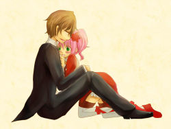 Rule 34 | 1boy, 1girl, alfa system, blush, brown hair, coat, closed eyes, formal, frills, green eyes, kanonno grassvalley, long hair, open mouth, pants, pink hair, shoes, short hair, skirt, suit, tales of (series), tales of the world radiant mythology 3