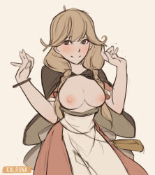 Rule 34 | 1girl, breasts, breasts out, brown eyes, faye (fire emblem), fire emblem, fire emblem echoes: shadows of valentia, kalruna, light brown hair, long hair, medium breasts, nintendo, nipples, solo, twintails