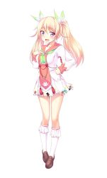 Rule 34 | 1girl, :d, blonde hair, blush, brown footwear, character request, full body, goura kanna, green neckwear, hair between eyes, hair ribbon, hand on own hip, highres, kneehighs, long hair, looking at viewer, miniskirt, onsen musume, open mouth, pleated skirt, purple eyes, ribbon, shirt, simple background, skirt, smile, socks, solo, standing, twintails, ugume, white background, white socks, white shirt, white skirt