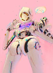 Rule 34 | apex legends, chinese commentary, danieldanlllll, frown, glitch, highres, humanoid robot, looking down, no humans, open hand, pathfinder (apex legends), pink background, robot, science fiction, solo, speech bubble, twitter username, war machine pathfinder