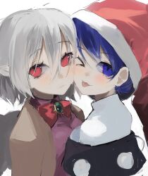 Rule 34 | &gt; o, 2girls, ;p, blue eyes, blue hair, bow, bowtie, brooch, capelet, closed mouth, commeowdore, doremy sweet, expressionless, from side, grey hair, hair between eyes, hat, highres, jewelry, kishin sagume, light blush, looking at viewer, multiple girls, nightcap, one eye closed, pom pom (clothes), red bow, red bowtie, red eyes, short hair, simple background, single wing, tongue, tongue out, touhou, upper body, white background, wings, yuri