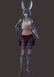 Rule 34 | 1girl, animal ears, blue eyes, blue hair, boots, brown background, commission, cyberpunk, cyborg, facing viewer, final fantasy, final fantasy xiv, full body, holster, mechanical arms, midriff, parted lips, rabbit ears, short hair, single mechanical arm, solo, tank top, thigh holster, viera, vincent andrada