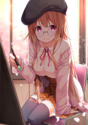 Rule 34 | 1girl, arm support, backlighting, beret, bespectacled, black hat, black thighhighs, blurry, blush, bokeh, breasts, brown skirt, buttons, canvas (object), cardigan, chair, closed mouth, collared shirt, commentary request, day, depth of field, dress shirt, glasses, hand up, hat, high-waist skirt, highres, holding, holding paintbrush, indoors, lace trim, long hair, looking at viewer, medium breasts, mikage mone, mone channel, na53, neck ribbon, off shoulder, open cardigan, open clothes, orange hair, paintbrush, petals, pink ribbon, plaid, plaid skirt, red eyes, ribbon, round eyewear, shirt, sitting, skirt, smile, solo, sunlight, thighhighs, virtual youtuber, white cardigan, window, yellow shirt, zettai ryouiki