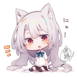 Rule 34 | 1girl, :&lt;, :o, animal ears, beni shake, black skirt, black socks, blue bow, blush, bow, cat ears, cat girl, cat tail, chibi, collared shirt, commentary request, dress shirt, fang, full body, grey hair, hair between eyes, long hair, no shoes, notice lines, open mouth, original, pleated skirt, red eyes, school uniform, shadow, shirt, short sleeves, signature, skirt, socks, solo, tail, triangle mouth, very long hair, white background, white shirt