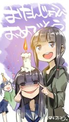 Rule 34 | 10s, 3girls, :d, ^ ^, annoyed, birthday, black hair, blunt bangs, braid, brown eyes, candle, closed eyes, empty eyes, forced smile, hat, hatsuyuki (kancolle), kantai collection, kitakami (kancolle), multiple girls, nonco, open mouth, party hat, party popper, sailor collar, shaded face, smile, souryuu (kancolle), translation request, twintails