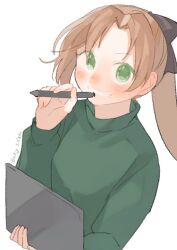 Rule 34 | 1girl, akigumo (kancolle), brown hair, drawing tablet, green eyes, green sweater, grin, hair ribbon, holding, holding drawing tablet, kantai collection, long hair, looking at viewer, official alternate costume, one-hour drawing challenge, ribbon, simple background, smile, solo, stylus, suppaman (rfjy), sweater, upper body, white background