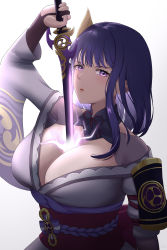 Rule 34 | 1girl, 1nilla&#039;, absurdres, breasts, cleavage, electricity, flower, genshin impact, hair ornament, highres, holding, holding sword, holding weapon, human scabbard, japanese clothes, katana, kimono, large breasts, light particles, long hair, mole, mole under eye, nail polish, purple eyes, purple flower, purple hair, purple nails, raiden shogun, ribbon, simple background, solo, sword, tomoe (symbol), weapon, white background