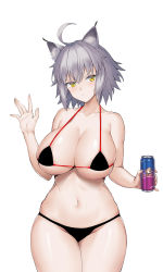 Rule 34 | 1girl, animal ears, bare shoulders, bikini, blush, breasts, can, cat ears, cleavage, collarbone, drink can, fate/grand order, fate (series), highres, jeanne d&#039;arc (fate), jeanne d&#039;arc alter (avenger) (fate), jeanne d&#039;arc alter (fate), large breasts, looking at viewer, mahou kyuuri, navel, short hair, silver hair, simple background, soda can, solo, swimsuit, thighs, yellow eyes