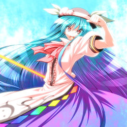 Rule 34 | 1girl, blue hair, female focus, food, fruit, hat, hinanawi tenshi, long hair, peach, red eyes, solo, standing, sword, sword of hisou, symbol-shaped pupils, touhou, tro (trombe), very long hair, weapon
