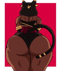 Rule 34 | 1girl, absurdres, alternate costume, animal ears, ass, bare legs, bare shoulders, cat ears, cat tail, charge sol, curvy, dark-skinned female, dark skin, egyptian, female focus, highres, huge ass, legs together, leotard, menat, official alternate costume, red background, shiny skin, skindentation, solo, street fighter, street fighter v, tail, thong, wide hips