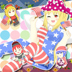 Rule 34 | 4girls, bad id, bad pixiv id, blonde hair, blue eyes, blue hair, blush, clownpiece, doremy sweet, dress, earth (ornament), flag, floral background, flower, hat, hecatia lapislazuli, highres, jester cap, junko (touhou), legacy of lunatic kingdom, leorda, long hair, long sleeves, looking at viewer, moon (ornament), multiple girls, open mouth, pantyhose, red eyes, red hair, ribbon, shirt, short hair, smile, touhou, wings
