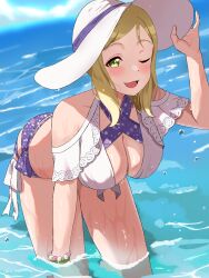 Rule 34 | 1girl, absurdres, blonde hair, breasts, chaso (480), cleavage, hair rings, hat, highres, looking at viewer, love live!, love live! sunshine!!, medium hair, ohara mari, one eye closed, open mouth, solo, white hat, yellow eyes