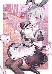 Rule 34 | 1girl, animal ears, apron, black dress, black footwear, blush, breasts, cleavage, closed mouth, dress, fake animal ears, fishnet thighhighs, fishnets, gloves, grey hair, half gloves, heart, heart hands, high heels, highres, looking at viewer, maid, maid apron, maid headdress, medium breasts, mole, original, pink eyes, polka dot, polka dot gloves, polka dot sleeves, polka dot thighhighs, rabbit, rabbit ears, rangu, short hair, short sleeves, sitting, solo, thighhighs, white apron
