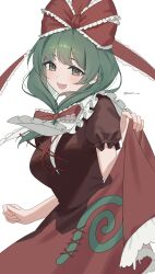 Rule 34 | 1girl, absurdres, bow, dress, frilled bow, frilled dress, frilled ribbon, frilled sleeves, frills, front ponytail, green eyes, green hair, hair bow, hair ribbon, highres, kagiyama hina, lifted by self, looking at viewer, norichiizu, open mouth, puffy short sleeves, puffy sleeves, red bow, red dress, red ribbon, ribbon, short sleeves, simple background, solo, touhou, twitter username, white background