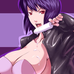 Rule 34 | 1girl, breasts, cyborg, ghost in the shell, gloves, huge breasts, kusanagi motoko, large breasts, licking, melting, popsicle, purple hair, red eyes, saliva, sawao, sexually suggestive, short hair, solo