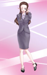 Rule 34 | 1girl, blue eyes, contemporary, formal, full body, gradient background, highres, jacket, long hair, nintendo, office lady, one eye closed, pencil skirt, pointy ears, princess zelda, shoes, skirt, skirt suit, smile, solo, striped, striped background, suit, the legend of zelda, the legend of zelda: twilight princess, wasabi (legemd)