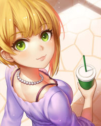 Rule 34 | 1girl, arm behind back, blonde hair, blue sweater, blush, bra, breasts, breasts apart, cleavage, commentary request, cup, drinking straw, foreshortening, from above, from behind, green eyes, holding, holding cup, idolmaster, idolmaster cinderella girls, jewelry, looking at viewer, medium breasts, miyamoto frederica, necklace, nhaliz, outdoors, short hair, signature, solo, sweater, underwear
