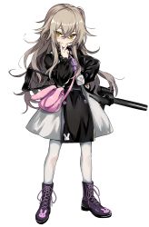 Rule 34 | 1girl, aged down, animal ears, animal print, bag, black dress, blush, boots, buttons, closed mouth, commentary request, crossed bangs, dress, full body, girls&#039; frontline, grey hair, gun, h&amp;k ump, h&amp;k ump, hair between eyes, hair ribbon, hand on own hip, highres, long hair, long sleeves, looking at viewer, manarou, messy hair, official alternate costume, pantyhose, pouch, puffy sleeves, purple footwear, purple ribbon, rabbit ears, rabbit print, ribbon, scar, scar across eye, scar on face, shoulder bag, sidelocks, simple background, skirt, smile, solo, standing, submachine gun, suppressor, two-tone dress, ump45 (agent lop rabbit) (girls&#039; frontline), ump45 (girls&#039; frontline), v, weapon, weapon on back, white background, white dress, white pantyhose, yellow eyes