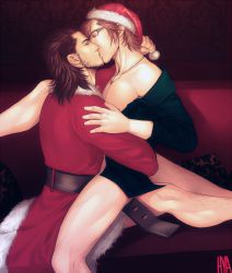 Rule 34 | 2boys, anal, christmas, costume, couch, final fantasy, final fantasy xv, gladiolus amicitia, glasses, hat, ignis scientia, kiss, male focus, male penetrated, multiple boys, sex, yaoi