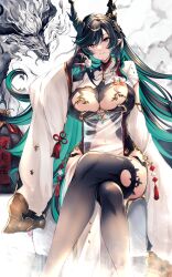 Rule 34 | 1girl, absurdres, black gloves, black hair, black thighhighs, breast cutout, breasts, clothing cutout, colored inner hair, crossed legs, cup, detached sleeves, dragon, dragon girl, dragon horns, draph, dress, eastern dragon, fingerless gloves, gloves, granblue fantasy, green eyes, green hair, hair between eyes, hair ornament, highres, holding, holding cup, horn ornament, horns, kamishiro mai (capti-no), large breasts, long hair, looking at viewer, mole, mole under mouth, multicolored eyes, multicolored hair, navel, payila (granblue fantasy), pointy ears, red eyes, see-through, see-through dress, sitting, smile, solo, stomach cutout, tassel, tassel hair ornament, thighhighs, two-tone eyes, two-tone hair, very long hair, white dress, white sleeves, wide sleeves