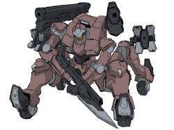 Rule 34 | assault visor, bayonet, extra legs, full body, gun, gundam, gundam suisei no majo, highres, holding, holding gun, holding weapon, looking down, mecha, mecha kaku man, mobile suit, no humans, redesign, robot, science fiction, shoulder cannon, simple background, sketch, solo, weapon, white background, zowort