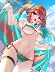 Rule 34 | 1girl, alternate hairstyle, arm strap, bikini, breasts, cloud, cloudy sky, cowboy shot, day, earrings, feather earrings, feathers, gradient hair, green bikini, green hair, halterneck, highres, holding, holding towel, hololive, hololive english, inari (ambercrown), jewelry, large breasts, long hair, looking at viewer, multicolored hair, navel, open mouth, orange hair, palm tree, purple eyes, revision, side-tie bikini bottom, sidelocks, sky, smile, solo, standing, stomach, string bikini, swimsuit, takanashi kiara, takanashi kiara (casual), thigh strap, towel, tree, twintails, underboob, virtual youtuber, wet